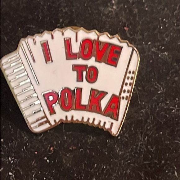 Vintage-1970s-gold tone & white/red enamel “I Love to Polka” hat/lapel/tie pin - Picture 3 of 11